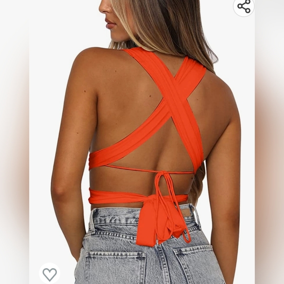 Kaximil (amazon) sleeveless halter crisscross cami tank top orange medium - Picture 2 of 2